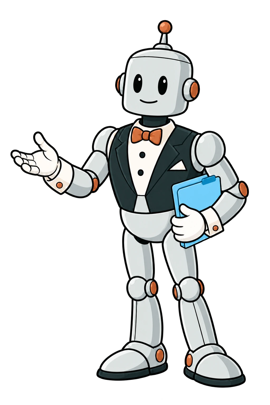 Staffmor, the friendly silver robot butler, wears two white gloves and holds a blue folder.