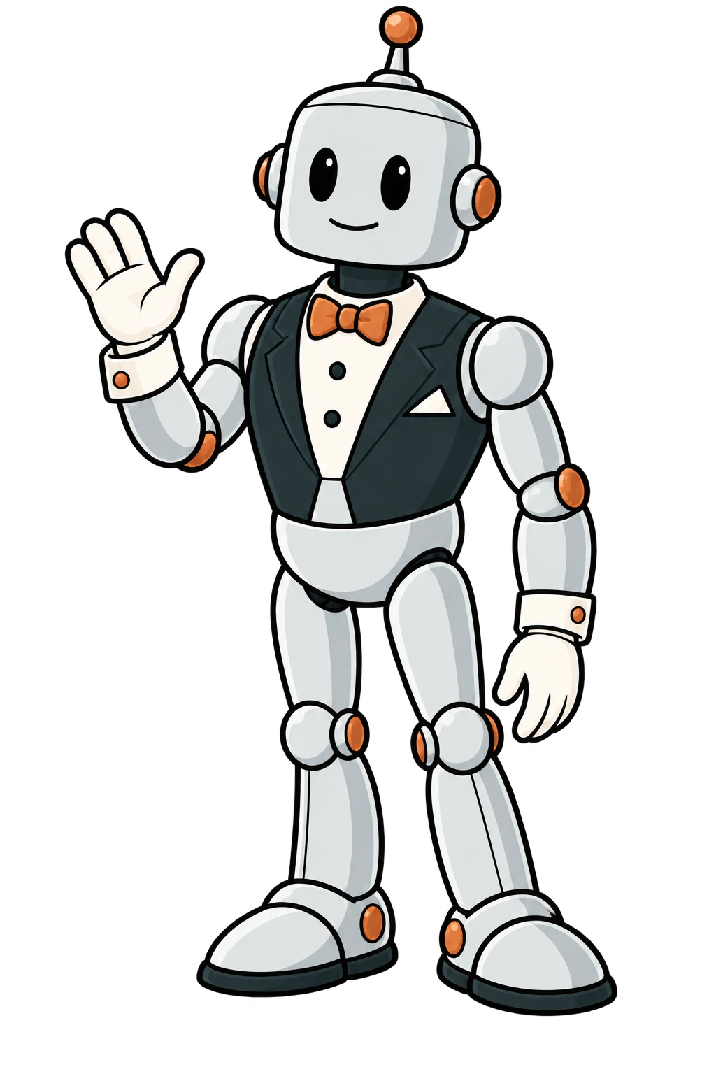 Staffmor, the silver robot butler with white gloves and a copper bow tie, waves hello.