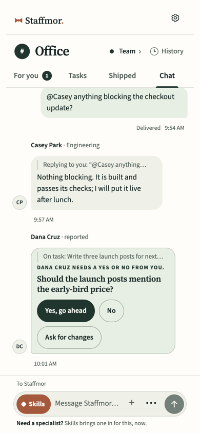 Staffmor Office chat in an example studio: teammates’ messages, their replies to you, and the message box.