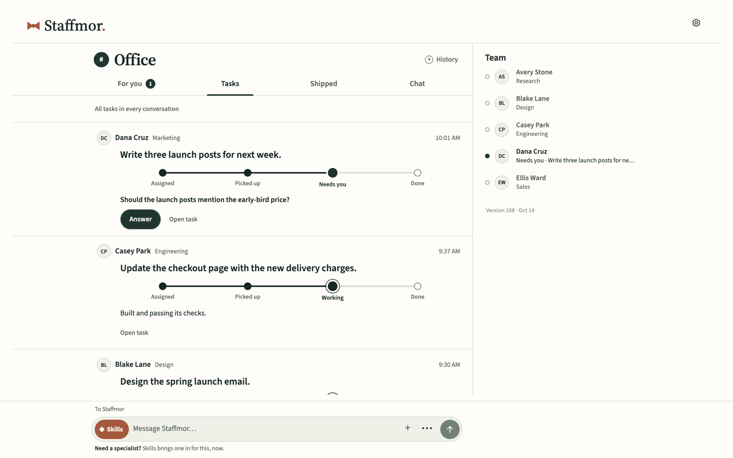 Staffmor Tasks in an example studio: open tasks as cards, each with its progress from assigned to done, and the question waiting on you first.
