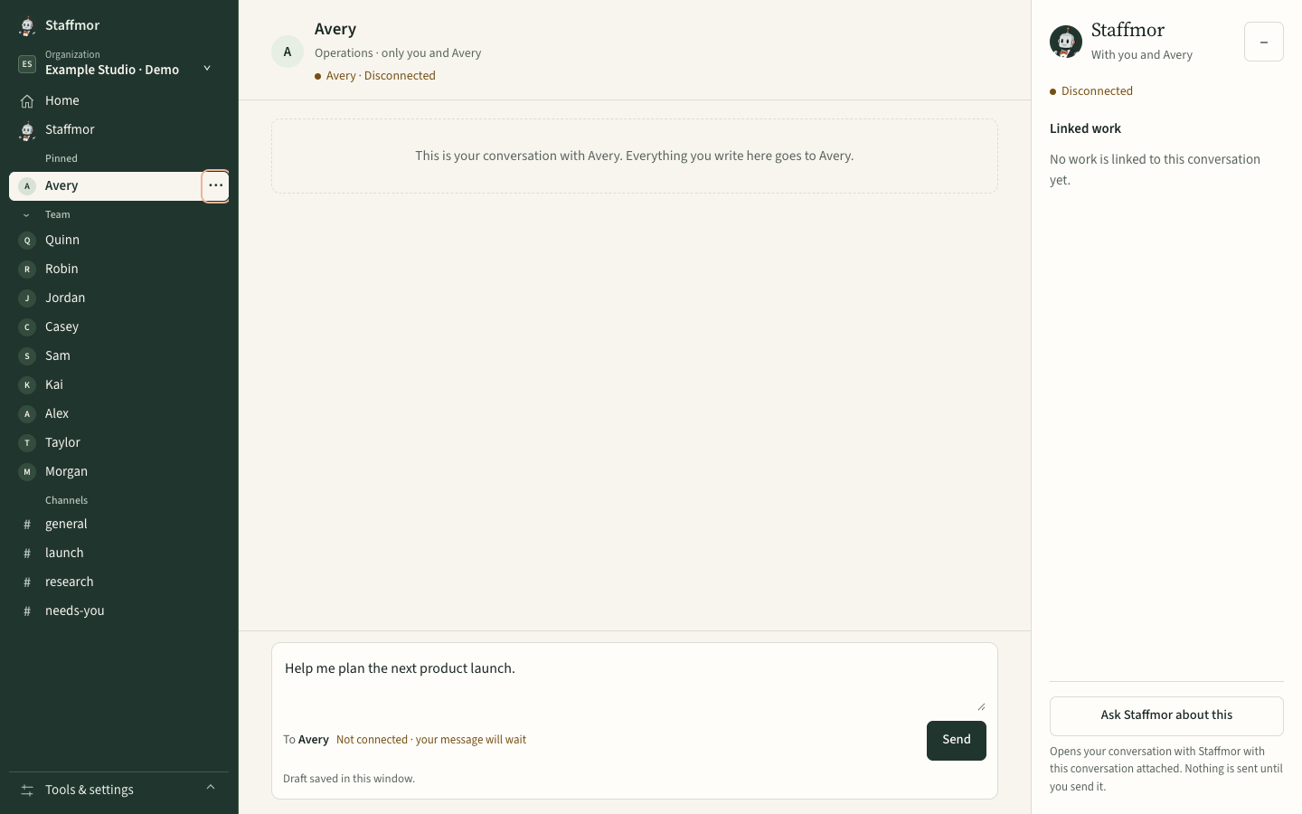 Private Avery conversation in Staffmor with an unsent example draft and a visible Not connected status.