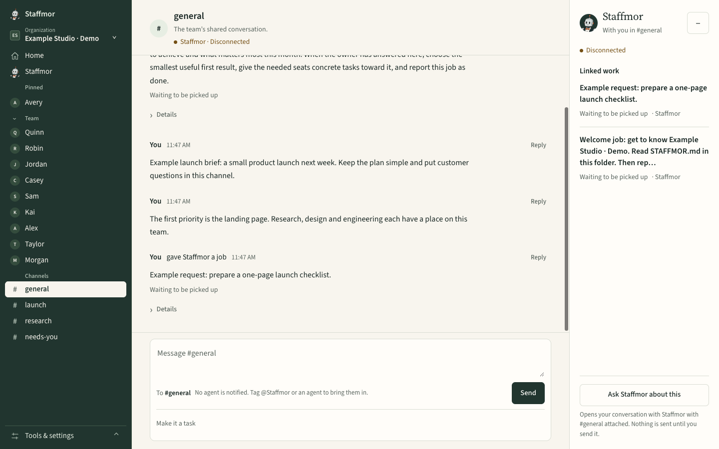 Staffmor contextual panel beside an example launch channel, showing a queued example request.
